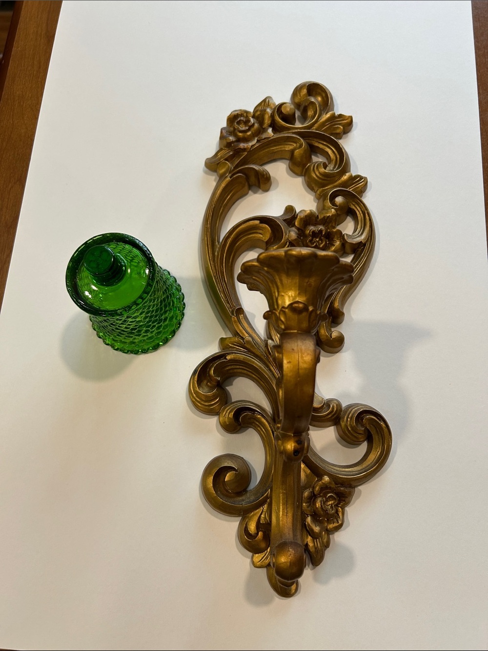 Homco Ornate Gold Resin Wall Sconce with green votive cup